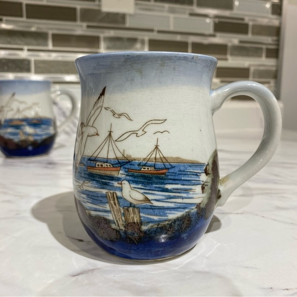 Vintage Stonware mugs ocean themed Seagulls boats marina - Picture 3 of 13